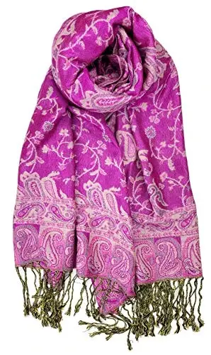Plum Feathers Tapestry Ethnic Paisley Pattern PasModazoneina Shawl Scarf, Womens PasModazoneina Shawl Wrap with Fringes 