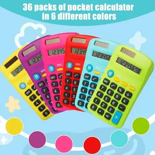 Erinnmy 36 Pack Pocket Calculators, Solar & Battery Powered Desktop Calculators, 8 Digit Display, Mini Size, for Students, Kids, School, Home, Office (6 Colors) - 3