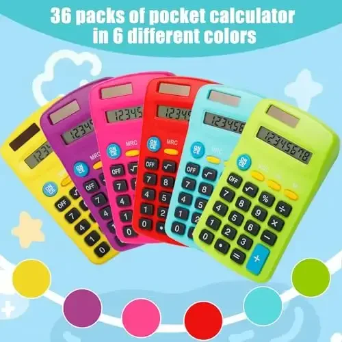 Erinnmy 36 Pack Pocket Calculators, Solar & Battery Powered Desktop Calculators, 8 Digit Display, Mini Size, for Students, Kids, School, Home, Office (6 Colors) - 3