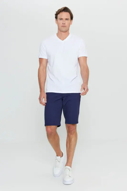 Erkak %100 Paxta V Yoqa Oq Slim Fit Tor Kesimli Futbolka-Oq - 5