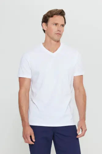 Erkak %100 Paxta V Yoqa Oq Slim Fit Tor Kesimli Futbolka-Oq - 6