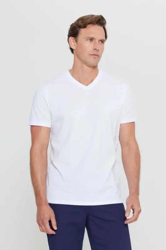 Erkak %100 Paxta V Yoqa Oq Slim Fit Tor Kesimli Futbolka-Oq - 6