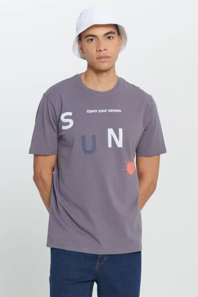 Erkak Antratsit Comfort Fit Qulay Kesimli %100 Paxta Bosmali Velosiped Yoqali Футболка - 1