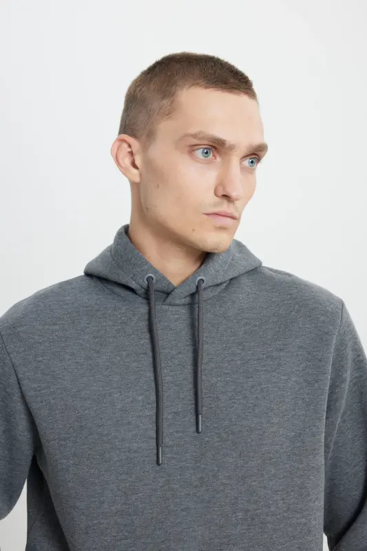 Erkak Antratsit-melanj Standart Fit Ichi Polarli 3 Iplik Kapushonli Paxtali Sweatshirt-Antratsit - AC&CO / ALTINYILDIZ CLASSICS