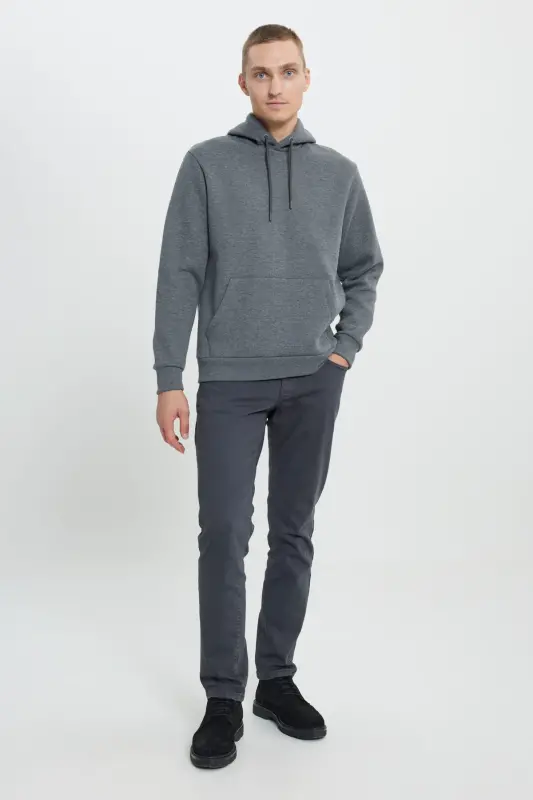 Erkak Antratsit-melanj Standart Fit Ichi Polarli 3 Iplik Kapushonli Paxtali Sweatshirt-Antratsit - 4