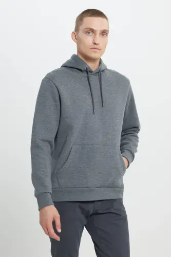 Erkak Antratsit-melanj Standart Fit Ichi Polarli 3 Iplik Kapushonli Paxtali Sweatshirt-Antratsit - 5