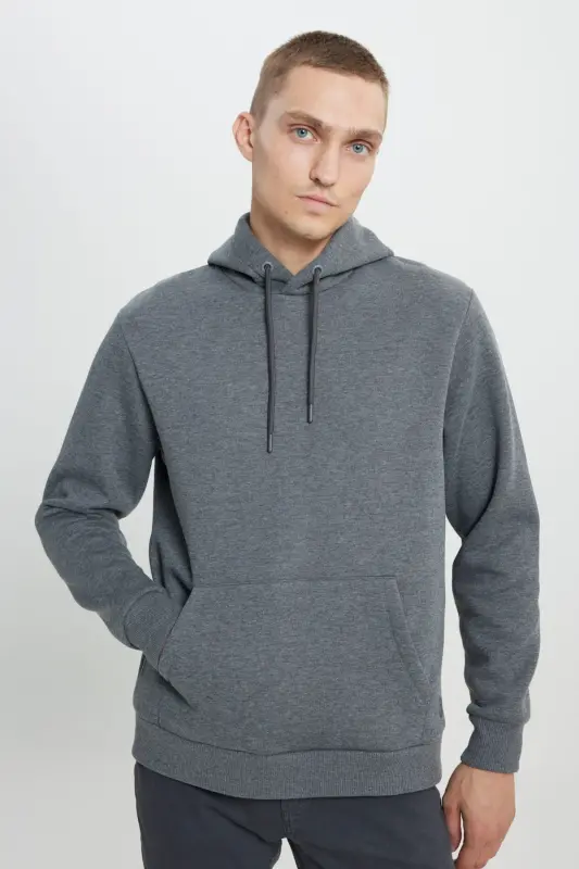 Erkak Antratsit-melanj Standart Fit Ichi Polarli 3 Iplik Kapushonli Paxtali Sweatshirt-Antratsit - 6
