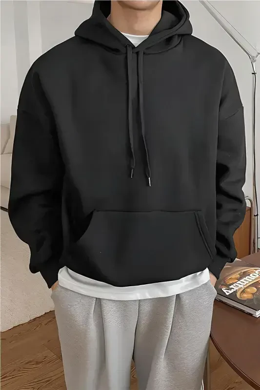 Erkak Antratsit Natural 3 iplik Shardonli Kapüşonli Kanguru Cepli Oversize Salash Hoodie Sweatshirt-Qora - 3