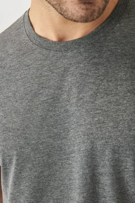 Erkak Antratsit Paxtalik Slim Fit Tor Kesimli Velosiped Yoqali Asosiy Futbolka-Antratsit - 4