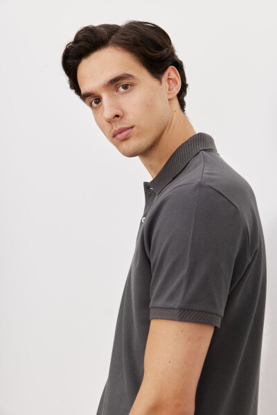 Erkak Antratsit Slim Fit Tor Kesim 100% Paxta Polo Yoqali Qisqa Yengli Futbolka - 5