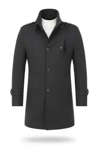 Erkak Antratsit Tor Kiyimli Tik Yoqali Uzun Jun Aralashmali Qishki Palto - Antratsit - MERO LIFE (1)