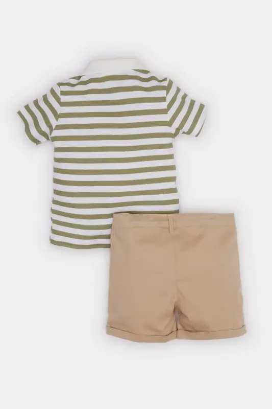 Erkak Bebek 2'li Takım Çizgili Polo Tişört Şort C3439A525SM-Haki - 4