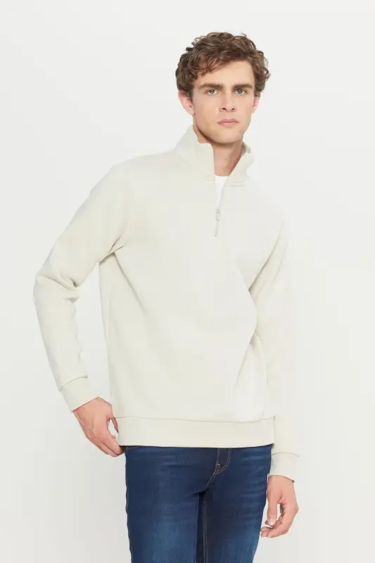 Erkak Bej İçi Polarlı Standart Fit Normal Kesim Tik Bato Yaka Pamuklu Sweatshirt-Bej - 2
