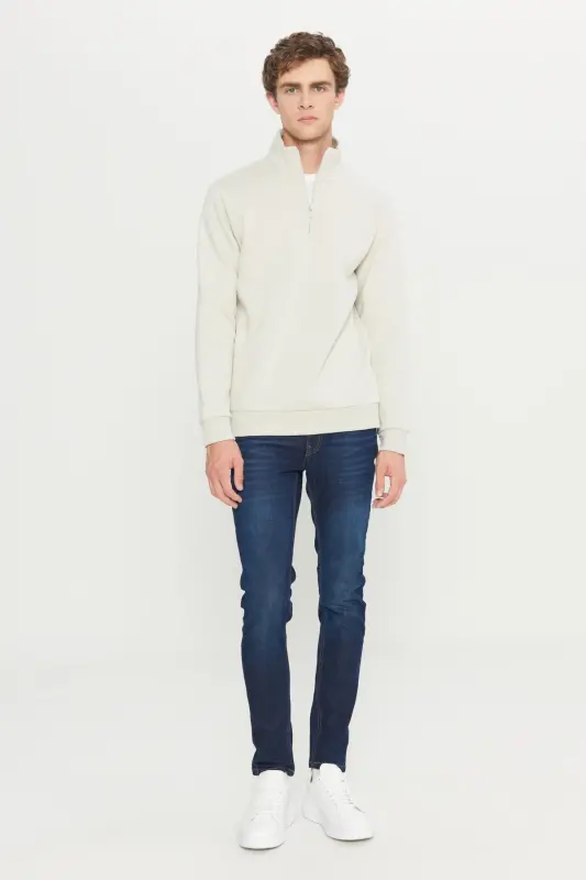 Erkak Bej İçi Polarlı Standart Fit Normal Kesim Tik Bato Yaka Pamuklu Sweatshirt-Bej - 3