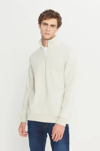 Erkak Bej İçi Polarlı Standart Fit Normal Kesim Tik Bato Yaka Pamuklu Sweatshirt-Bej - 4