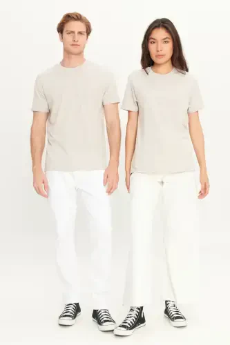 Erkak Bej Melanj Paxtalik Slim Fit Tor Kesimli Velosiped Yoqali Basic Futbolka-BEJ MELANJ - 5