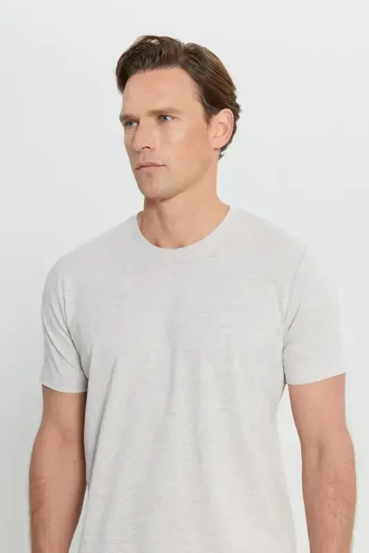 Erkak Bej Melanj Paxtalik Slim Fit Tor Kesimli Velosiped Yoqali Basic Futbolka-BEJ MELANJ - 7