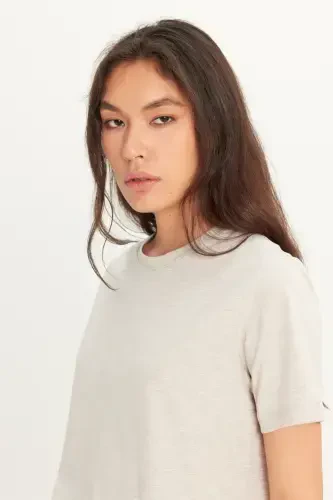 Erkak Bej Melanj Paxtalik Slim Fit Tor Kesimli Velosiped Yoqali Basic Futbolka-BEJ MELANJ - 8