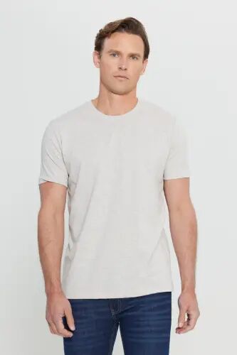 Erkak Bej Melanj Paxtalik Slim Fit Tor Kesimli Velosiped Yoqali Basic Futbolka-BEJ MELANJ 
