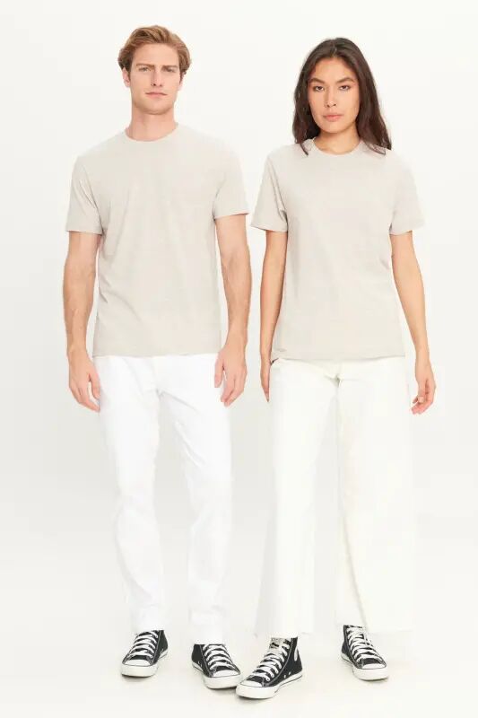 Erkak Bej Melanj Paxtalik Slim Fit Tor Kesimli Velosiped Yoqali Basic Futbolka-BEJ MELANJ - 5