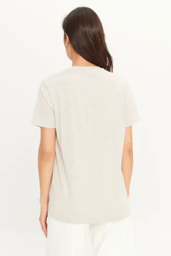 Erkak Bej Melanj Paxtalik Slim Fit Tor Kesimli Velosiped Yoqali Basic Futbolka-BEJ MELANJ - 10