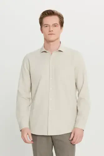 Erkak Bej Oson Dazmollanadigan Slim Fit Tor Kesimli Italyan Yoqali Armürli Ko'ylak-Bej - 3