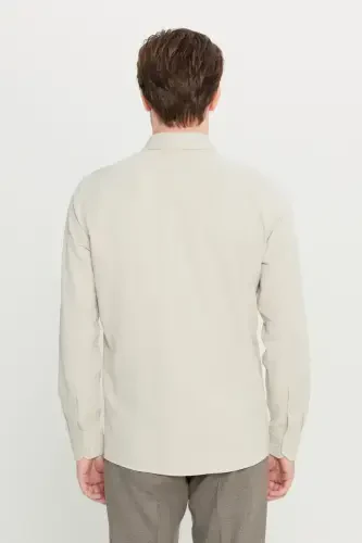 Erkak Bej Oson Dazmollanadigan Slim Fit Tor Kesimli Italyan Yoqali Armürli Ko'ylak-Bej - 5