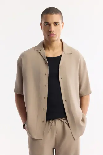 Erkak bej oversize fit apaj yoqali modal aralash K - 5