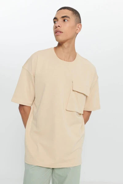 Erkak bej paxtalik oversize fit keng kesimli velosiped - 3