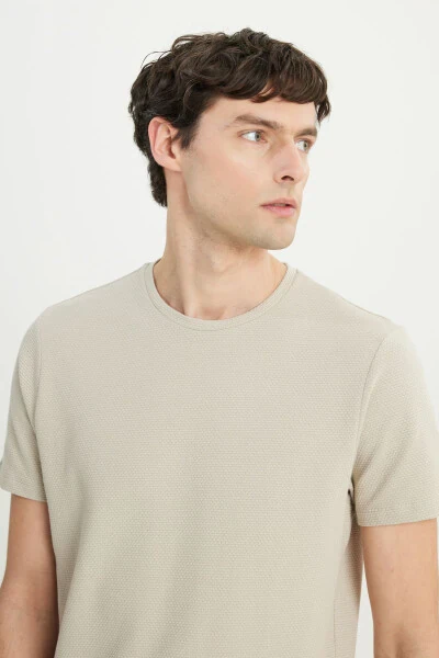 Erkak bej paxtalik slim fit tor kesimli velosiped yoqali elastik futbolka - 4