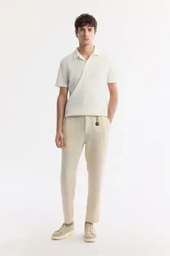 Erkak bej Relaxed Fit Beli Lastikli %100 Keten Pan - 1