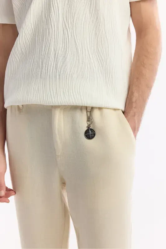 Erkak bej Relaxed Fit Beli Lastikli %100 Keten Pan - 4