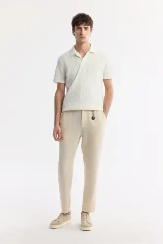 Erkak bej Relaxed Fit Beli Lastikli %100 Keten Pan 