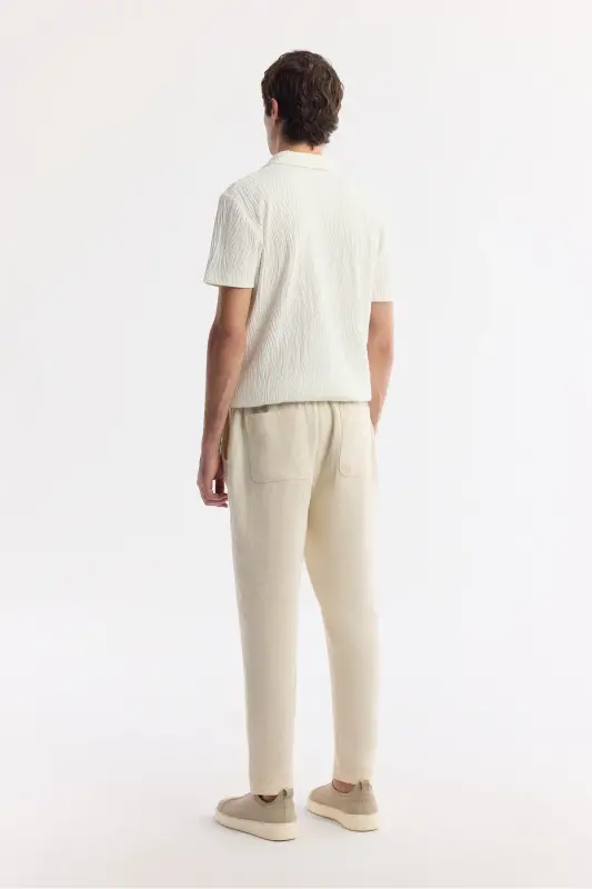 Erkak bej Relaxed Fit Beli Lastikli %100 Keten Pan - 3