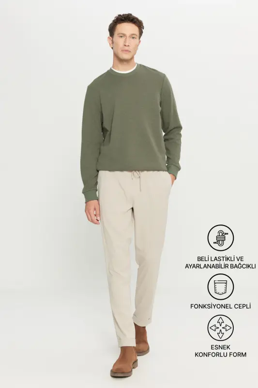 Erkak Bej Slim Fit Qulay Kesimli Beli Bogʻlamali Yon Choʻntakli Jogger Shim-Bej - 3