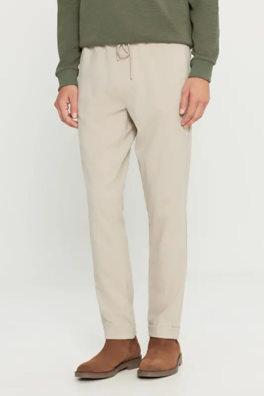 Erkak Bej Slim Fit Qulay Kesimli Beli Bogʻlamali Yon Choʻntakli Jogger Shim-Bej - 4