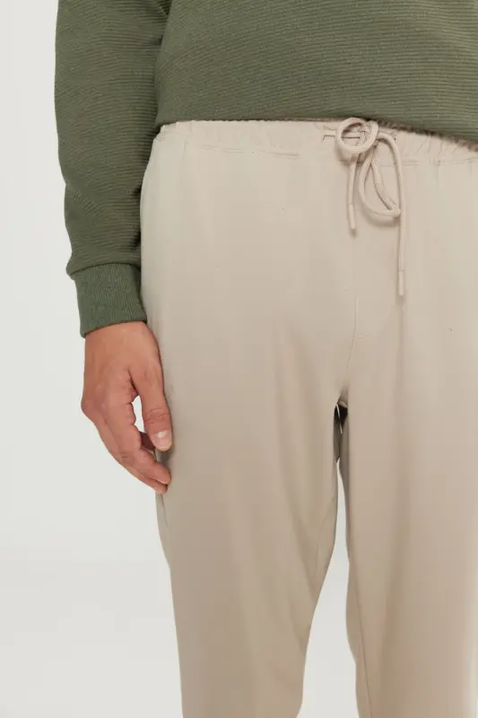 Erkak Bej Slim Fit Qulay Kesimli Beli Bogʻlamali Yon Choʻntakli Jogger Shim-Bej - 6