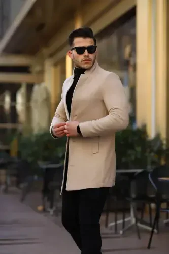 Erkak bej Slim Fit tik yoqali kaşmir пальто-bej - 1