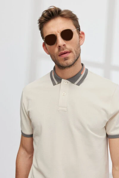 Erkak bej Slim Fit tor kesimli 100% paxta bukilmaydigan polo yoqali futbolka - 5