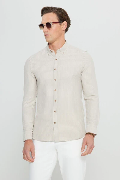 Erkak bej Slim Fit tor ko'rinishli tor bo'yinli armür naqshli gofrlangan ko'ylak - ALTINYILDIZ CLASSICS