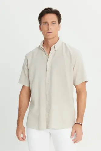 Erkak Bej Zig'ir Ko'rinishli 100% Paxta Armürli Tugmali Yoqali Ko'ylak Comfort Fit Qulay Kesim-Bej - 3