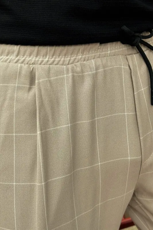 Erkak, bel bog'ichli, katakli naqshli, Elastik mato, Pilili detallar, Jogger shim 24INP199K-BEJ - 4