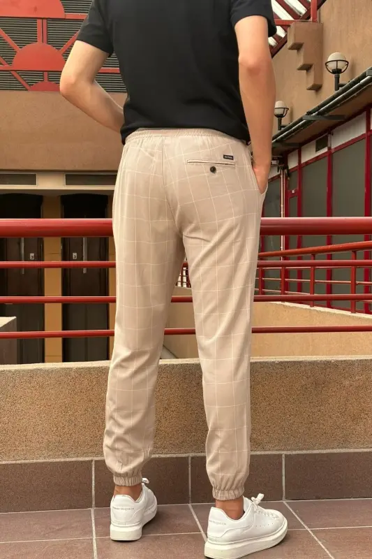 Erkak, bel bog'ichli, katakli naqshli, Elastik mato, Pilili detallar, Jogger shim 24INP199K-BEJ - 5