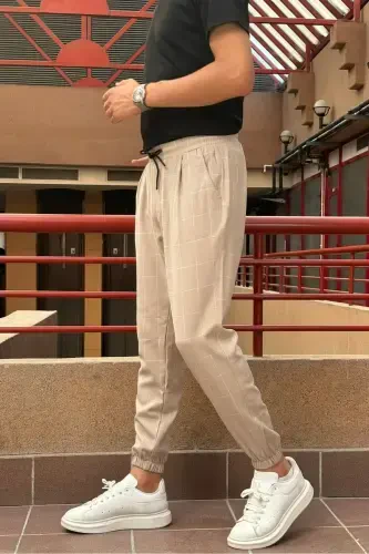 Erkak, bel bog'ichli, katakli naqshli, Elastik mato, Pilili detallar, Jogger shim 24INP199K-BEJ - 3