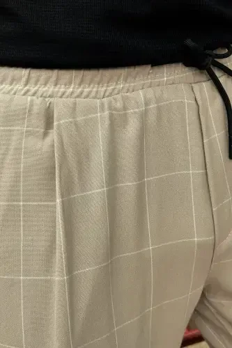 Erkak, bel bog'ichli, katakli naqshli, Elastik mato, Pilili detallar, Jogger shim 24INP199K-BEJ - 4