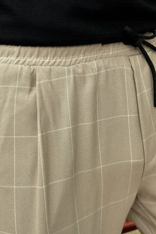 Erkak, bel bog'ichli, katakli naqshli, Elastik mato, Pilili detallar, Jogger shim 24INP199K-BEJ - 4