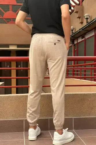 Erkak, bel bog'ichli, katakli naqshli, Elastik mato, Pilili detallar, Jogger shim 24INP199K-BEJ - 5