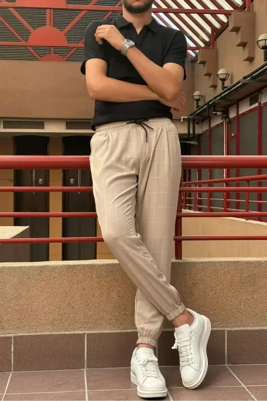 Erkak, bel bog'ichli, katakli naqshli, Elastik mato, Pilili detallar, Jogger shim 24INP199K-BEJ - 6