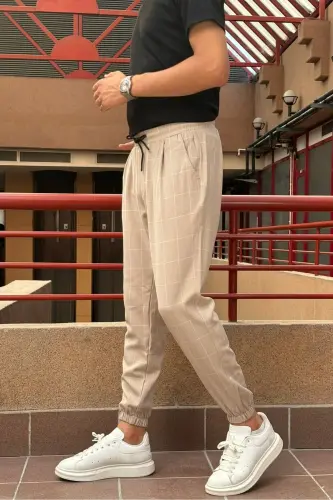 Erkak, bel bog'ichli, katakli naqshli, Elastik mato, Pilili detallar, Jogger shim 24INP199K-BEJ - 4