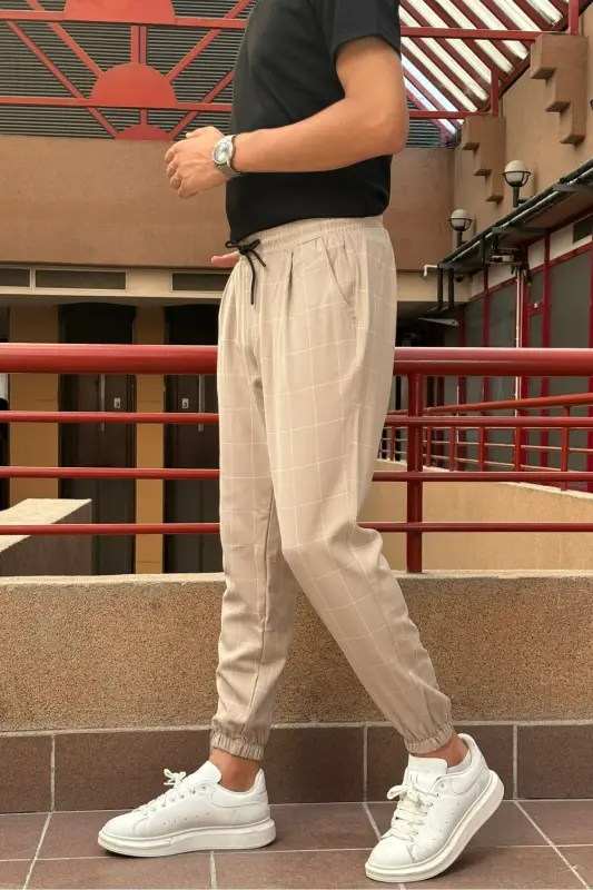 Erkak, bel bog'ichli, katakli naqshli, Elastik mato, Pilili detallar, Jogger shim 24INP199K-BEJ - 4
